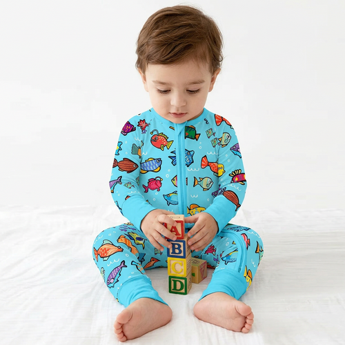 Blue Ocean Fish Frenzy Bamboo Zipper Romper Pajamas