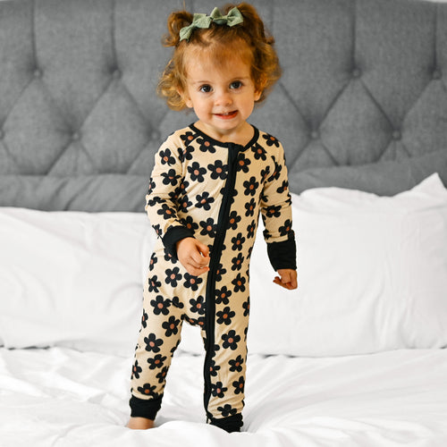 Fancy Prince Black Daisy Baby Bamboo Zipper Romper