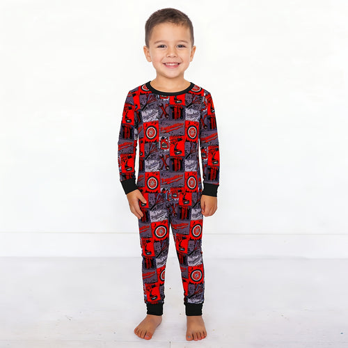 Red-Black Plaid Drive Wheels and Tools Game Kids Bamboo Two-Piece Pajama Set