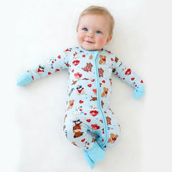 Mother's Day Heart Puppy Cuddle Crew Blue Bamboo Zipper Romper Pajamas