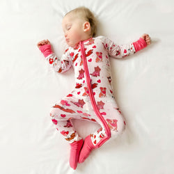 Mother's Day Heart Puppy Cuddle Crew Pink Bamboo Zipper Romper Pajamas