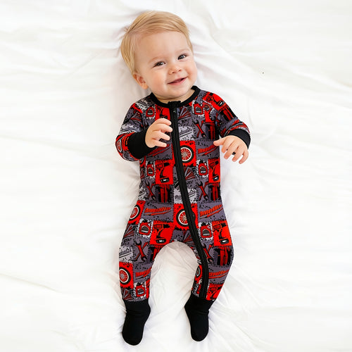 Red-Black Plaid Drive Wheels and Tools Game Bamboo Zipper Romper Pajamas