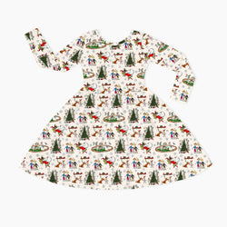 Christmas Snowflake Green Face Dog Kids Bamboo Long Sleeves Dress