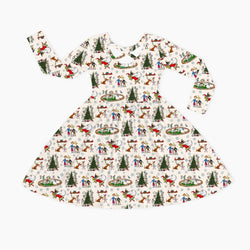 Christmas Snowflake Green Face Dog Kids Bamboo Long Sleeves Dress